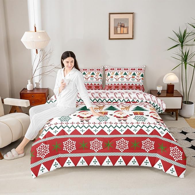 Feelyou Merry Christmas Comforter Set Full Size Santa Claus Bedding Set for Kids Boys Girls Cute Deer Duvet Quilt Snowflake Bedroom Decor Microfiber 3 Pcs with 2 Pillow Cases