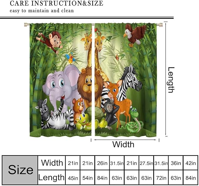 Cartoon Animal Curtains, Cute Animals Bamboo Forest Blackout Window Treatments, Rod Pocket Thermal Insulated Drapes 2 Panel Sets for Kids Room Nursery Classroom, 63" W X 63" L