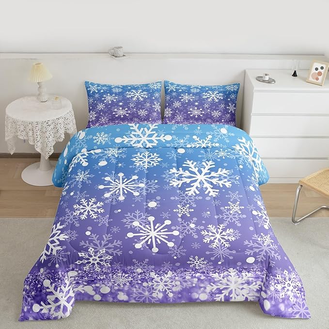 Feelyou Blue and Purple Snowflake Bedding Set Soft for Boys Girls, Winter Snowflake Comforter Set Queen Size Christmas Duvet Quilt Microfiber Holiday New Year Bedroom Decor 3 Pcs with 2 Pillow Cases
