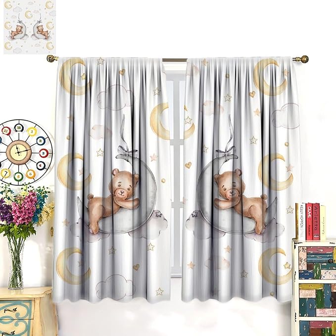 Cartoon Bear Curtains, Cartoon Watercolor Lovely Bear Moon Stars Printed Blackout Window Treatments, Rod Pocket Thermal Insulated Drapes 2 Panel Sets for Kids Bedroom Nursery Classroom, 55"W X 63"L