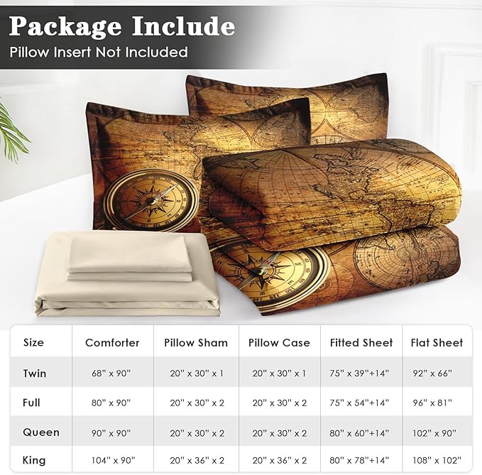 5 Pcs Twin Size Comforter Set with Pillowcase & Sham, Vintage World Map Bedding for Kids and Adults, Retro Nautical Compass Bed in a Bag with Flat Fitted Sheet