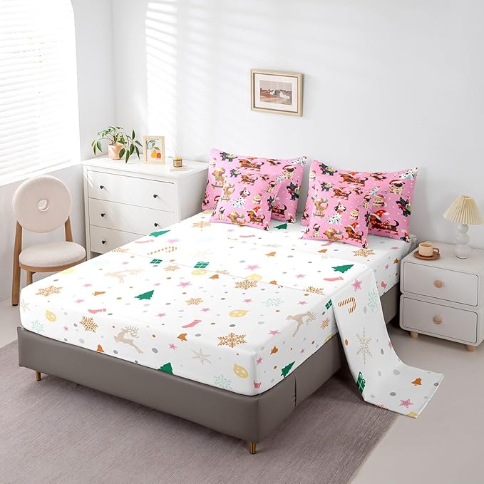 Feelyou Xmas Dog Bedding Set Cute Dog Christmas Style Comforter Set with Sheets 3D Animal Bed in a Bag for Boys Girls Children Teens Bedroom Decor Pink Bed Set 7Pcs King Size