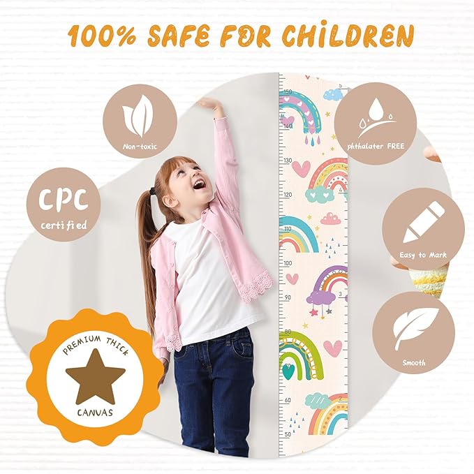 Personalized Name Kids Growth Chart, Watercolor Animal Canvas Baby Height Growth Chart Wall Decor for Baby Kids Toddlers (Rainbows)