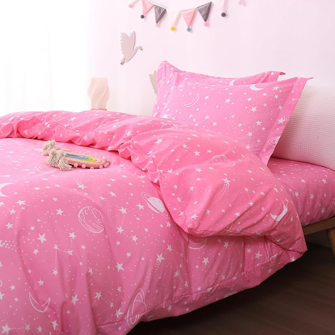 JSD Pink Stars Kids Duvet Cover Set Queen Size, 3 Piece Girls Space Theme Microfiber Comforter Cover with Pillow Shams Zipper Closure, Comforter Not Included