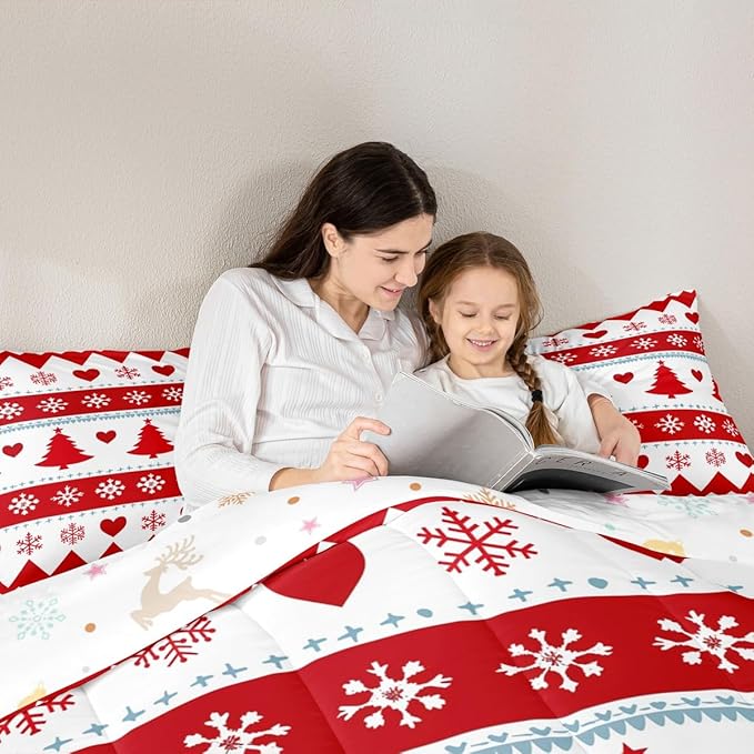 Feelyou Christmas Comforter Set King Size Xmas Tree Bedding Set for Kids Boys Girls Snowflake Heart Duvet Quilt Geometric Bedroom Decor Microfiber 3 Pcs with 2 Pillow Cases