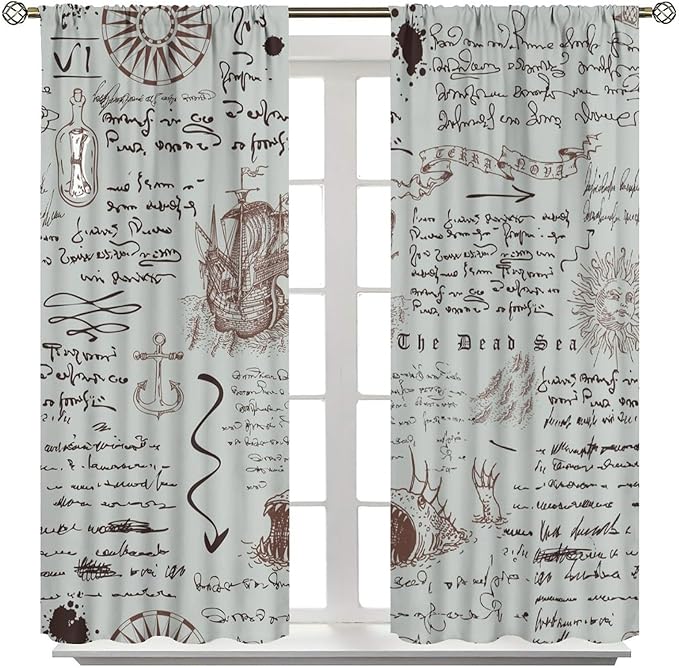 Nautical Theme Window Draperies, Pirate Sailboat Curtains for Bedroom & Living Room, Ocean Window Treatment - Starfish Print, 52x84 Inches