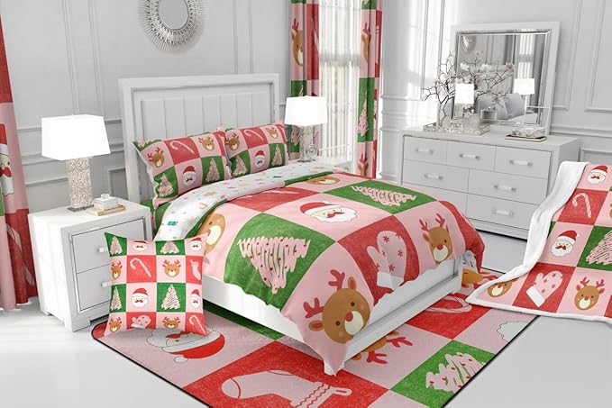Feelyou Merry Christmas Bedding Set Soft for Boys Girls, Xmas Tree Santa Claus Comforter Set Full Size Candy Cane Deer Duvet Quilt Microfiber Patchwork Bedroom Decor 3 Pcs with 2 Pillow Cases
