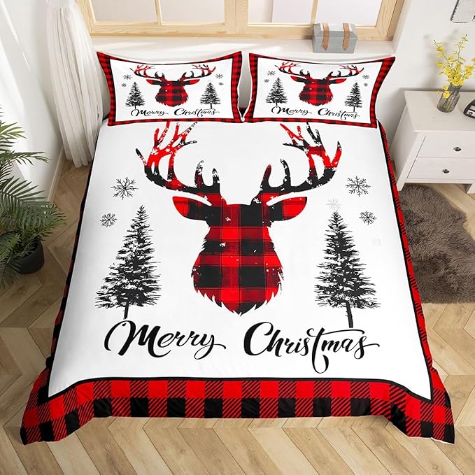 jejeloiu Christmas Bedding Set for Kids Boys Girls Xmas Deer Elk Antlers Comforter Cover Set King Size Buffalo Check Grid Duvet Cover Bedroom Decor Xmas Bedding Collection 3Pcs