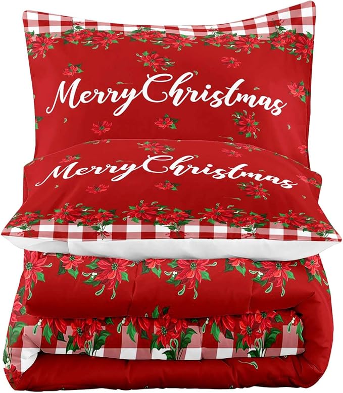 LUVIVIHOME 2PCS Christmas Comforter Set Twin Size, Farmhouse Bedding, Holiday New Year Xmas Floral Checkered Red Buffalo Plaid Bedding, Poinsettia Christmas Decorations, Xmas Gifts, 1 Pillow Case