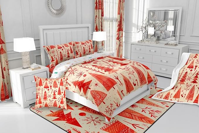 Feelyou Christmas Bedding Set Soft for Boys Girls, Xmas Tree Comforter Set King Size Snowflake Candy Duvet Quilt Microfiber Pine Tree Bedroom Decor 3 Pcs with 2 Pillow Cases