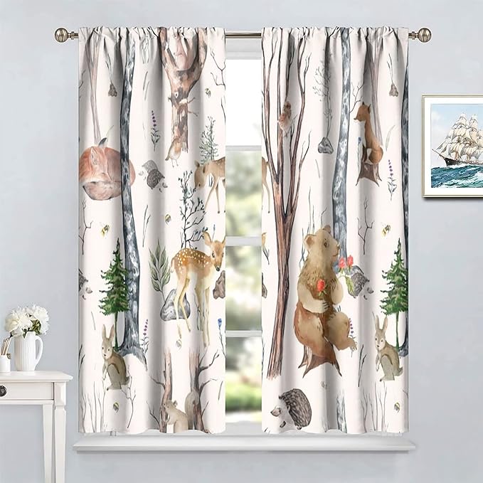Rustic Forest Window Curtains Curtains, Woodland Animal Bear Deer Hedgehog Fox Squirrel Watercolor Blackout Rod Pocket Treatments Drapes for Boys Girls Bedroom 42x45in