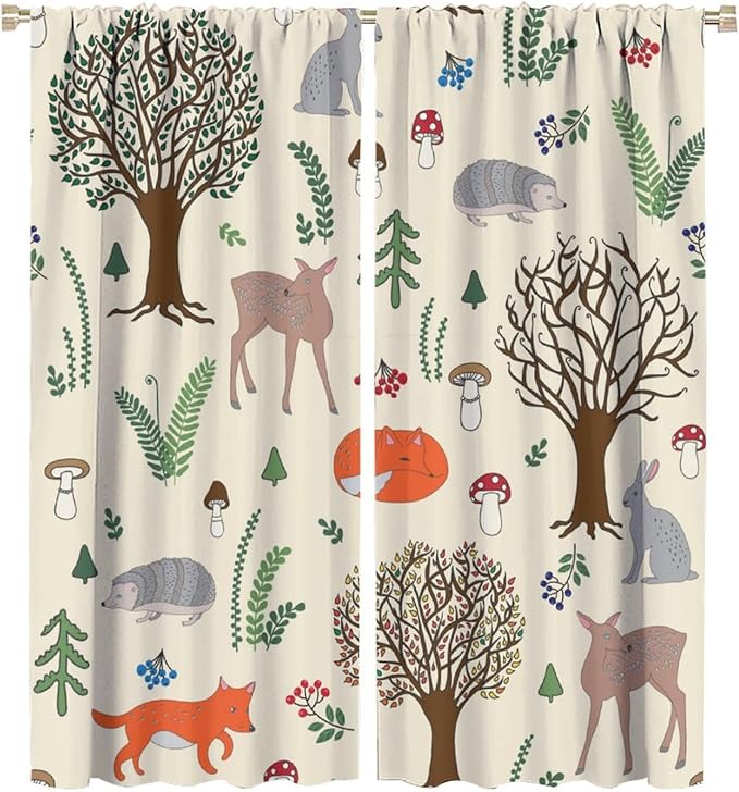 Kids Forest Animal Curtains, Rustic Cute Wild Animal Fox Deer Hedgehog Window Treatments Farmhouse Woodland Window Drapes for Girls Boys Nursery Toddler Bedroom 52x84in