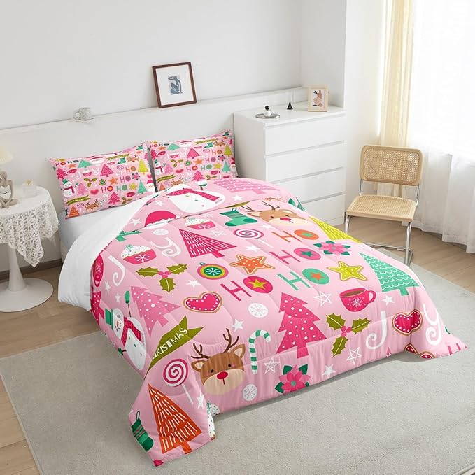 Merry Christmas Kids Comforter Set Queen Size,Cartoon Santa Claus Snowman Bedding Set,Boys Girls Adults Room Decor,Christmas Trees Deer Cute Down Comforter,Pink Romantic Duvet Insert,2 Pillowcases