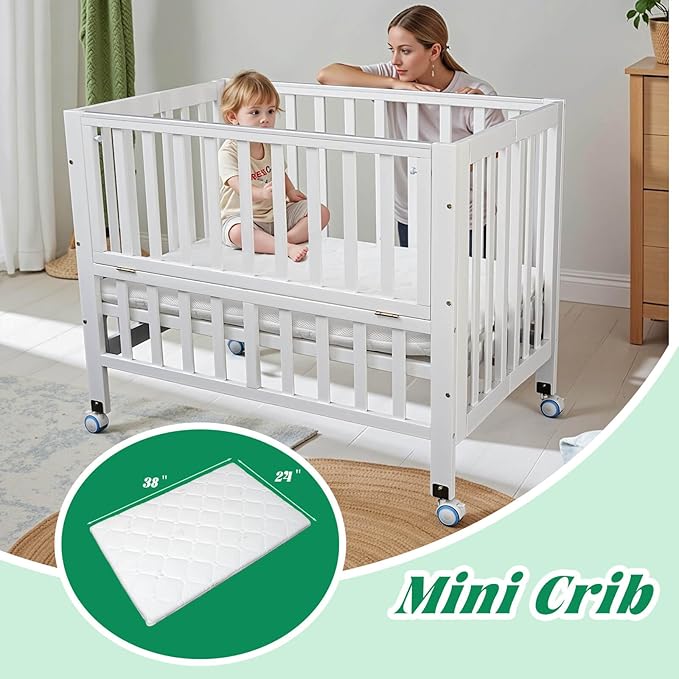 Foldable Mini Baby Crib - Portable 4-in-1 Convertible Baby Cribs,Pine Wood Bedside Bassinet,3 Heights Bassinet Bedside Sleeper with A Sponge Mattress,Wheeled,White