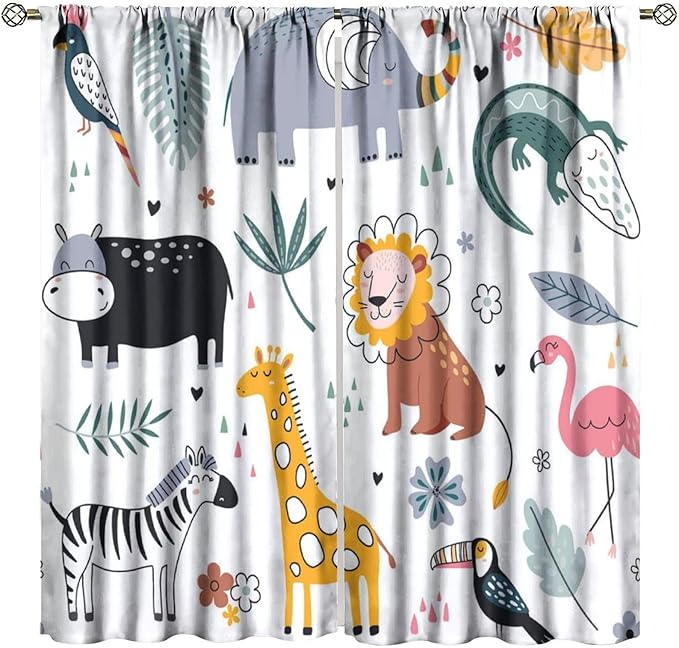YCness Cartoon Forest Animals Curtains, Woodland Woodland Wild Giraffe Zebra Lion Hippopotamus Window Treatments for Kids Bedroom Living Room Home Nursery Drapes, 42x63 Inch