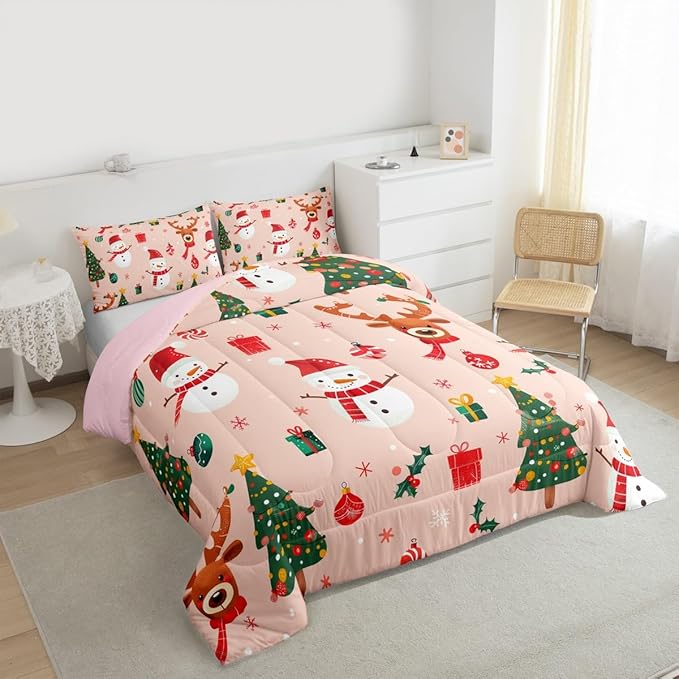 Feelyou Christmas Comforter Set King Size Snowman Bedding Set for Kids Boys Girls Deer Xmas Tree Duvet Quilt New Year Gift Bedroom Decor Snowflake Microfiber 3 Pcs with 2 Pillow Cases