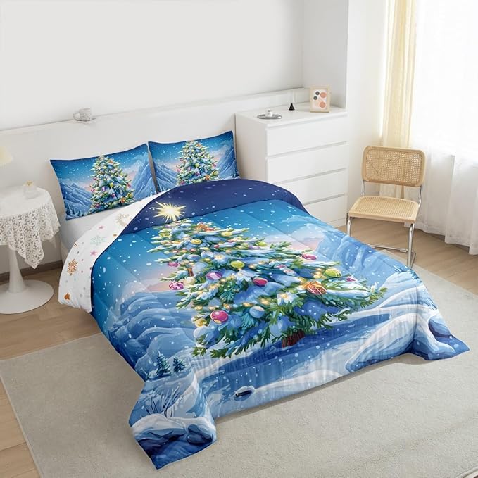 Feelyou Christmas Comforter Set Toddler Size Xmas Tree Bedding Set for Kids Boys Girls Winter Snowflake Duvet Quilt Christmas Tree Ornaments Bedroom Decor Microfiber 2 Pcs with 1 Pillow Cases