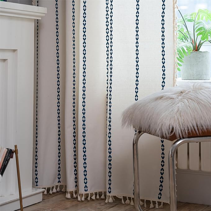 Deeprove Navy Blue Boho Curtains 63 inches Length for Kitchen, Vintage Bohemian Embroidery Farmhouse Cotton Linen Striped French Country Tassel Window Treatments Decor, W52 x L63, 1 Panel