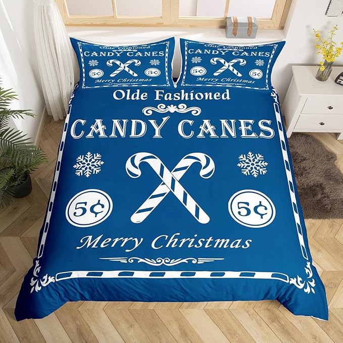 jejeloiu Christmas Bedding Set Full Size Kids Christmas Quote Comforter Cover Set for Boys Girls Teens Candy Canes Print Duvet Cover Xmas Bedspread Cover Room Decorations Blue Quilt Cover