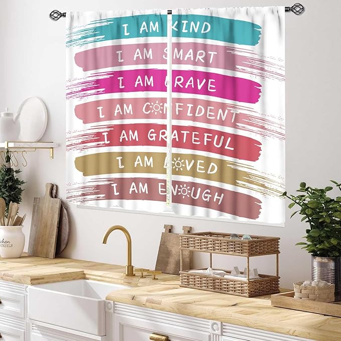 Rainbow Curtains for Classroom, Kids Girls Baby Boho Cute Inspirational Motivational Quotes Cartoon Colorful Pastel Nursery Classroom Bedroom Living Room Bathroom Window Drapes 2 Panels, 55x39 Inch