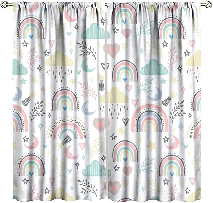 Boho Rainbow Curtains for Kids Nursery Colorful Floral Sun Star Clouds Pastel Bohemian Pattern Print Window Drapes for Girl Bedroom Living Room Kitchen Decor,2 Panel Set,42Wx45H Inch Blackout
