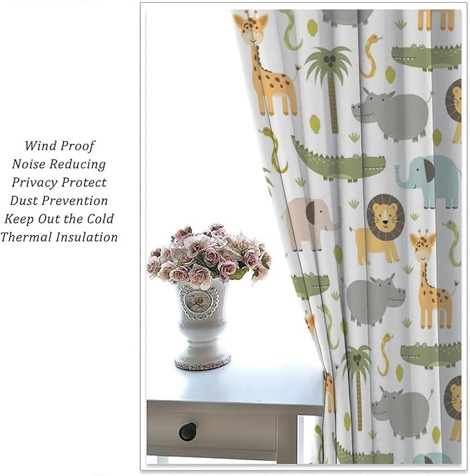 Nursery Safari Animals Window Curtains,Cartoon Woodland Jungle Forest Lion Elephant Giraffe Printed Pattern Blackout Drapes for Living Room Baby Boy Kids Bedroom 42x63in