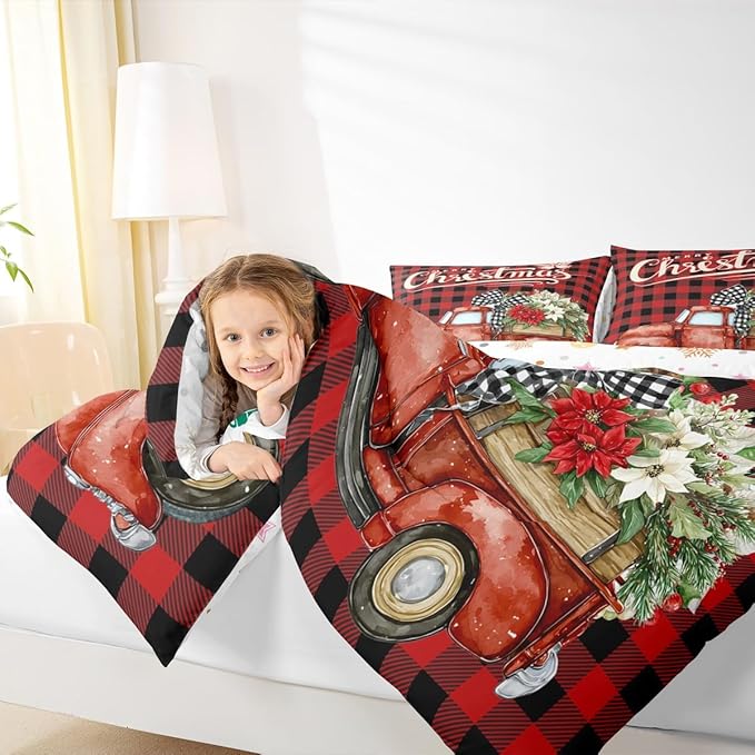Kids Christmas Truck Comforter Set Twin Size,Floral Leaves Romantic Bedding,Girls Boys Adults Bedroom/Xmas Cabin Decor,Geometric Plaid Retro Down Comforter,Rustic Farm Duvet Insert,1 Pillowcase