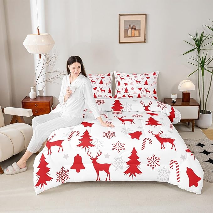 Feelyou Merry Christmas Bedding Set Soft for Boys Girls, Xmas Tree Reindeer Comforter Set Twin Size Candy Cane Bell Duvet Quilt Microfiber Snowflake Bedroom Decor 2 Pcs with 1 Pillow Cases