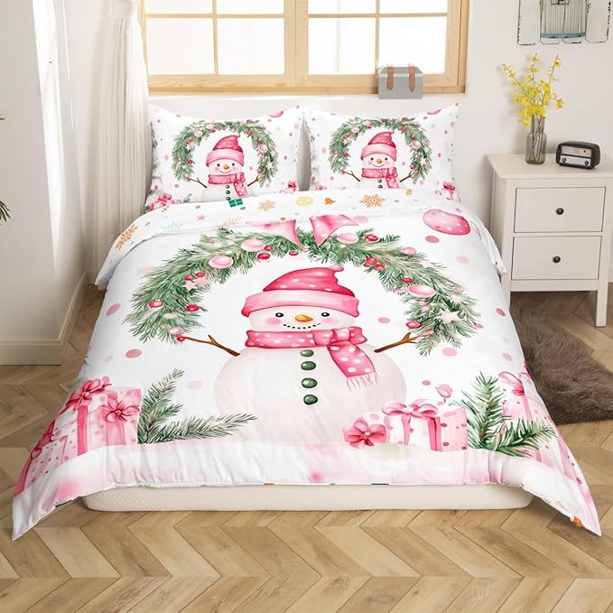 Manfei Christmas Kids Duvet Cover Set Queen Size, Cute Snowman Holly Leaf Bedding Set for Boys Girls Adult, Pink Bowknot Xmas Comforter Cover, Lightweight Bedspread Cover, 2 Pillowcases, No Comforter