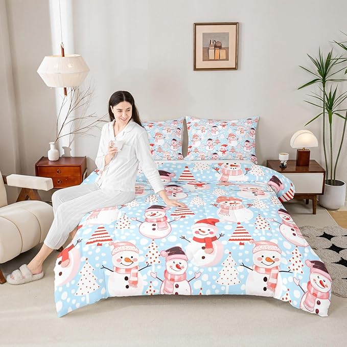 Manfei Christmas Comforter Set Queen Size, Snowman and Xmas Trees Bedding Set 3pcs for Kids Girls Adults Bedroom Decor, New Year Blue Down Comforter Soft Polyester Quilt Set with 2 Pillowcases