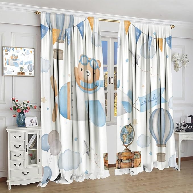 Blue Bear Curtains, Cute Lovely Bear Adventure Airplane Cloud Pastel Blackout Window Treatments, Rod Pocket Thermal Insulated Drapes 2 Panel Sets for Kids Bedroom Nursery Classroom, 72"W X 63"L