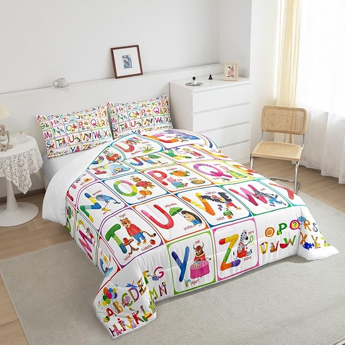 Feelyou ABC Alphabet Bedding Set Twin, Cartoon Zoo Animal Comforter Educational Learning Comforter Set for Kids Boys Girls Colorful Alphabet Duvet Set with 1 Pillow Case