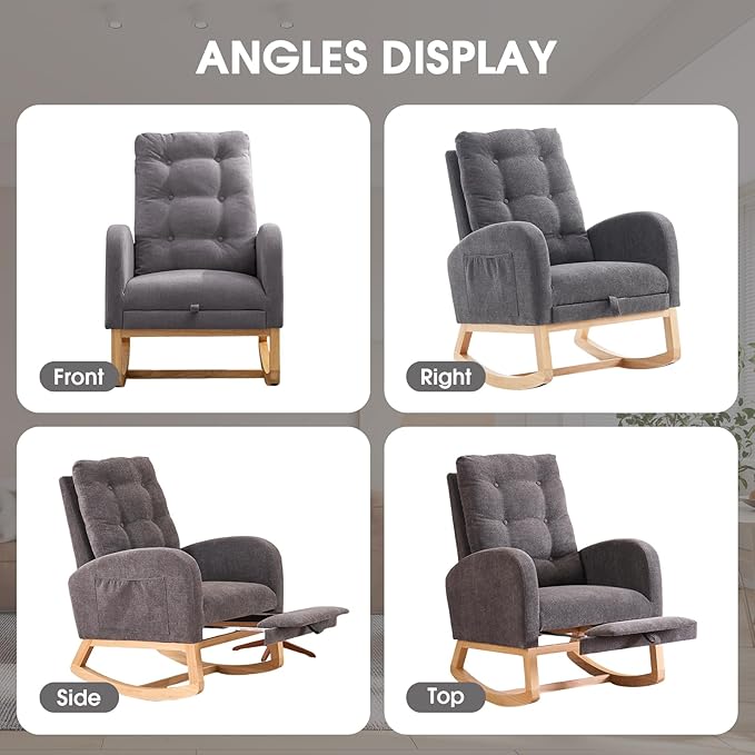 NIOIIKIT Nursery Rocking Chair, Linen Upholstered Glider Chair with Footrest, Tufted Rocker Recliner with Side Pocket, Comfy Recliner Glider, Accent Chair for Living Room (Grey Linen)