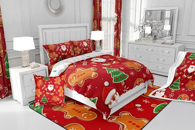 Feelyou Christmas Kids Comforter Set Full Size Santa Bedding Set Gingerbread Man Duvet Quilt for Kids Boys Girls Bedroom Xmas Tree Snowflake Decor Microfiber Ultra Soft Breathable