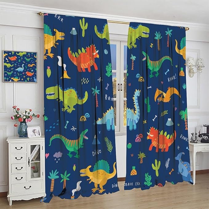 Funny Dinosaur Blackout Curtains Colorful Cartoon Animals Dino Tropical Plant Art Print for Kids Boys Bedroom Living Room Rod Pocket Decoration Window Drapes 2 Panels W42xL84in