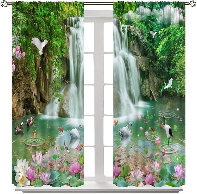 Scenery Waterfall Blackout Curtains, China Country Landscapes Nature Pattern Window Drapes, for Bedroom Living Room 42" W X 45" L