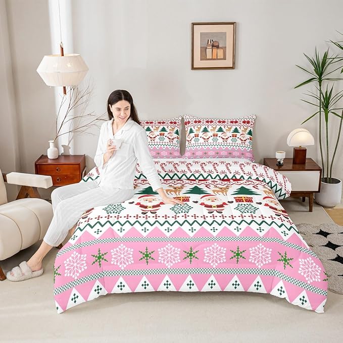 Feelyou Merry Christmas Comforter Set All Season Santa Claus Bedding Set with 2 Pillow Cases Cute Deer Microfiber Kids Full Bedclothes Snowflake Bedroom Decor Duvet Quilt Breathable Soft