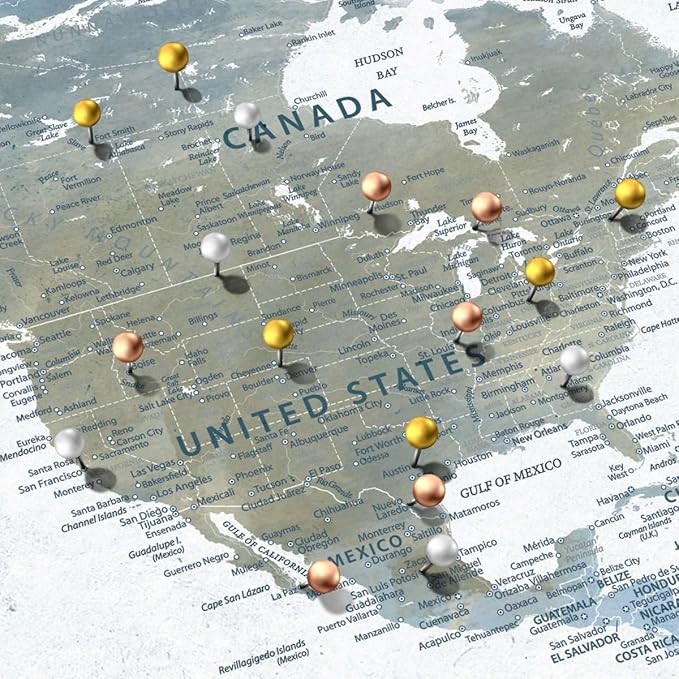 ElephantStock - Home With You II Push Pin World Map Wall Art - Horizontal Canvas Wall Art - Living Room Wall Decor - Digital Art Map Canvas Art - Blue And Gray Decor - 45" x 30"