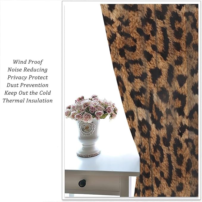 Leopard Print Window Curtains, Animal Fur Skin Brown Farmhouse Wild 3D Rustic Safari Theme Window Treatments for Kids Bedroom Living Room 42" W X 54" L