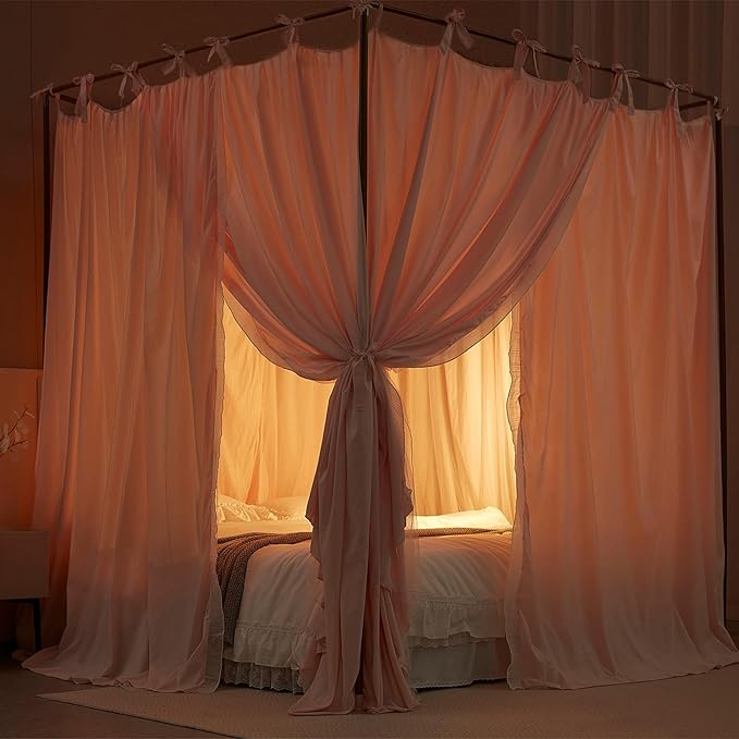 4 Corners Post Princess Curtain Bed Canopy Double Layer Cozy Mosquito Net Mesh and Cloth for Girls Adults Bedroom Decoration (Double-Beigepink/White, 78" W*86" L*82"*H/(King))