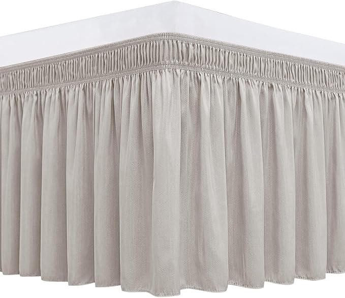 Biscaynebay Wrap Around Bed Skirts for Queen Beds with 12" Short Drop, Camel Grey Adjustable Elastic Dust Ruffles Easy Fit Wrinkle Resistant Silky Luxurious Fabric Machine Washable