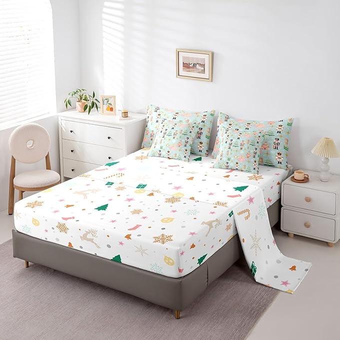 Erosebridal 7Pcs Green Christmas Comforter Set Twin,Xmas Tree Nutcracker Bedding Set,Pink Princess Bed in A Bag for Girls Women,Winter Xmas Holiday Christmas Ornaments Quilt with Flat Fitted Sheet