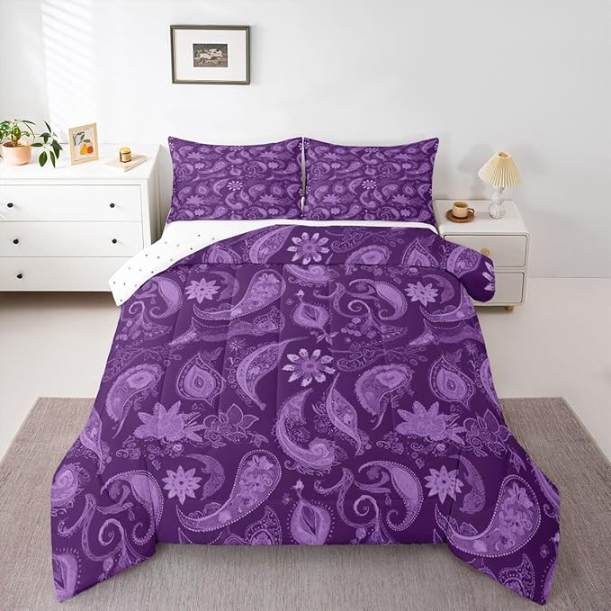 Feelyou Vintage Purple Floral Bedding Set Twin Size, Paisley Floral Comforter Set Boho Floral Comforter for Kids Toddler Paisley Duvet Set Microfiber Bed Set