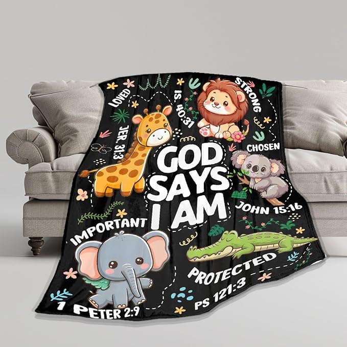 Bible Verse Blanket, Christian Gifts, God Says I am Blankets,Giraffe Lion Koala Elephant Print Animal Blankets, Cute Religious Baptism Gift for Son,Animals Lover Room Bed Decoration, 60"x80"