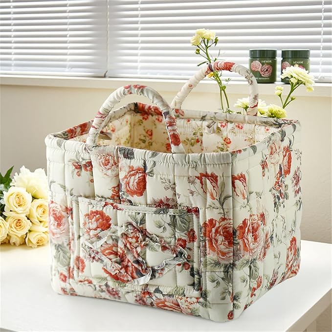Boho Fabric Storage Basket, Collapsible Floral Laundry Nursery Hamper, Portable Folding Organizer Bin for Home Office Picnic Clothes Toys Books Sundries Storage (Floral 10)