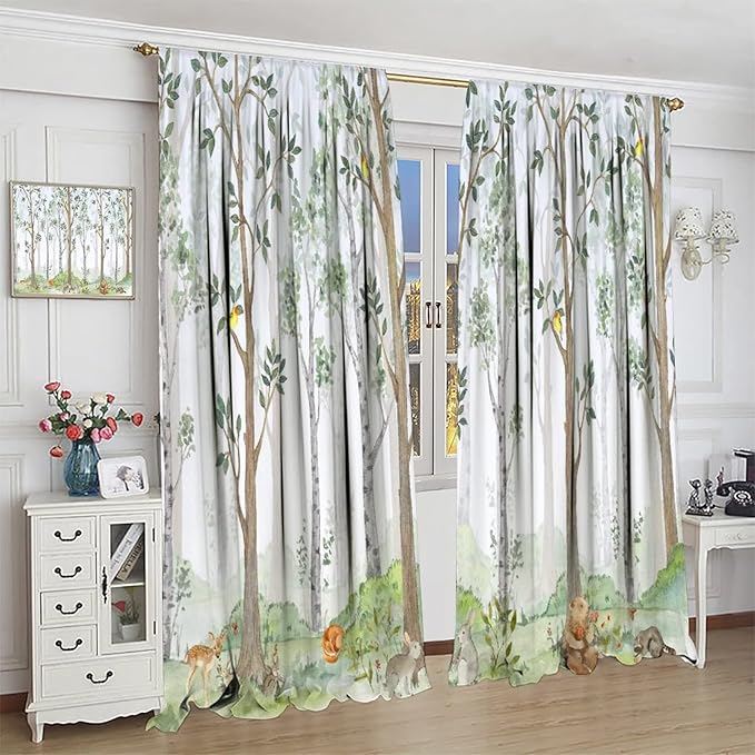 Kids Animal Curtains, Watercolor Natural Forest Animal Hedgehog Fox Butterfly Rabbits Forest Print Curtain Boys and Girl Bedrooms 42x63in