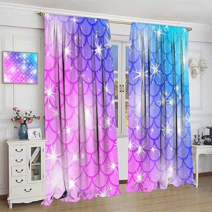 Mermaid Blackout Curtains, Kids Cartoon Blue and Pink Ocean Mermaid Scale Pattern Decoration for Girls Bedroom Nursery Curtains 42x44 Inch