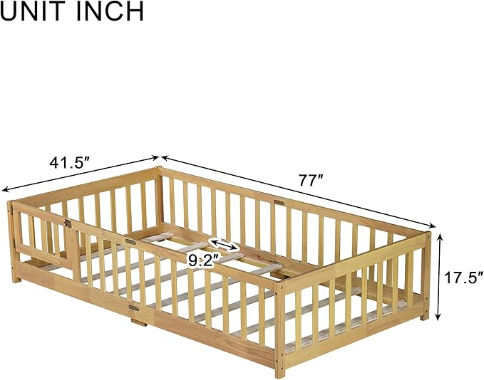 Twin Size Floor Bed for Kids, Wood Montessori Floor Beds with Fence Railings, Door & Slats Support, Twin Playhouse Bed Frame for Boys Girls, No Box Spring Needed, Natural