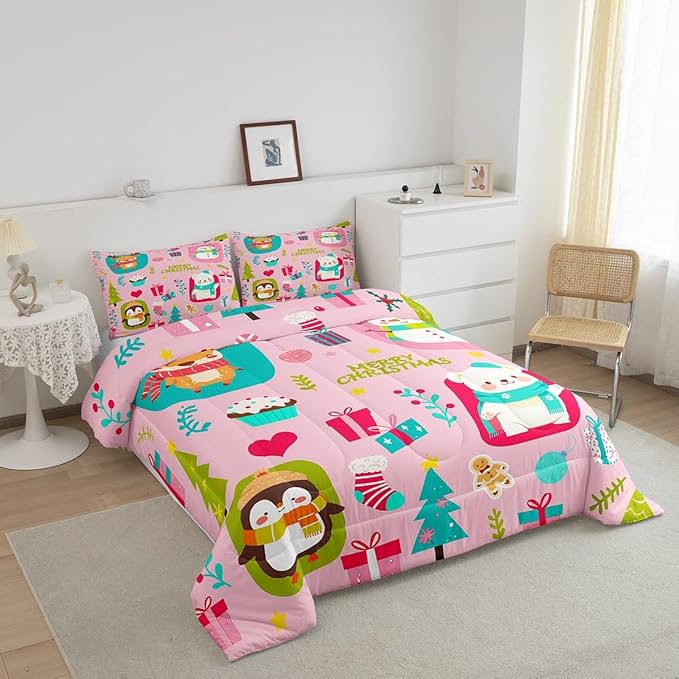 Erosebridal Christmas Cartoon Bedding Set for Kids Cute Snowman Bear Comforter Set Queen Size Xmas Tree Deer Elk Reversible Quilts Kawaii Penguin Animal Duvet Insert Room Decor