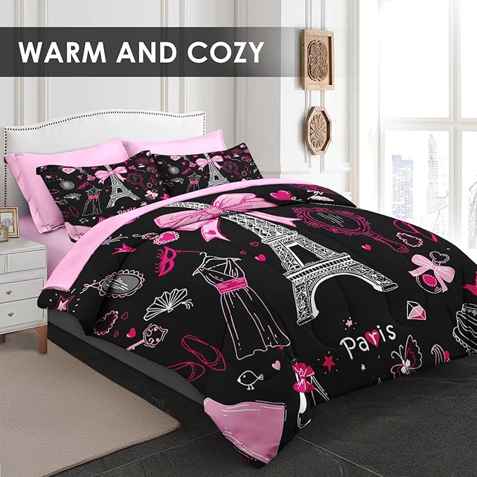 7 Pcs King Size Comforter Set with 2 Pillowcases & 2 Shams, Paris Eiffel Tower Bedding for Kids and Adults, Cute Pink Makeup Fashion Dress Bed in a Bag with Flat Fitted Sheet